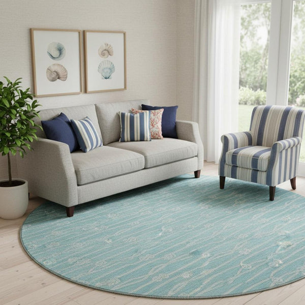 HomeRoots 8' Teal Blue Round Rug - Nautical, Washable, UV Protected, Durable & Stain Resistant for Coastal Charm 645400