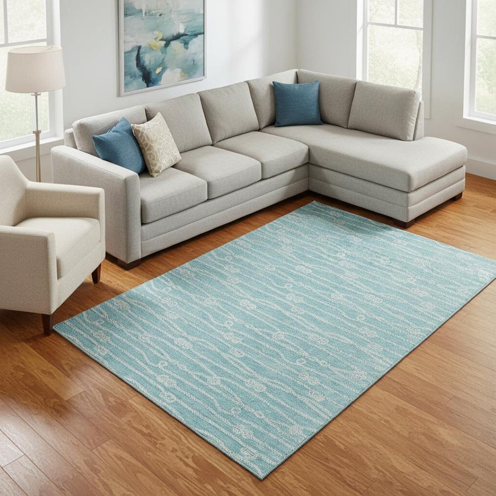 HomeRoots 8' X 10' Coastal Teal Blue & Ivory Nautical Area Rug - Washable, UV-Protected, Family-Friendly Decor 645401