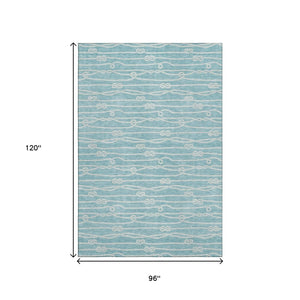 HomeRoots 8' X 10' Coastal Teal Blue & Ivory Nautical Area Rug - Washable, UV-Protected, Family-Friendly Decor 645401