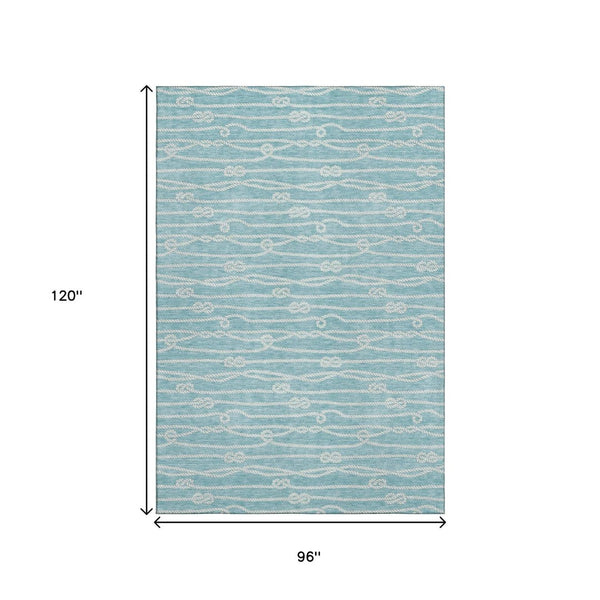 HomeRoots 8' X 10' Coastal Teal Blue & Ivory Nautical Area Rug - Washable, UV-Protected, Family-Friendly Decor 645401