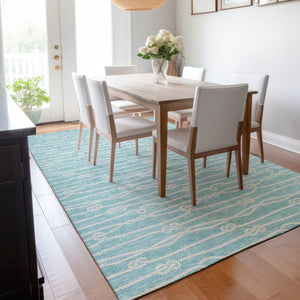 HomeRoots 9' X 12' Teal Blue Nautical Area Rug – Washable, UV-Protected, Durable & Stylish for High-Traffic Spaces 645402