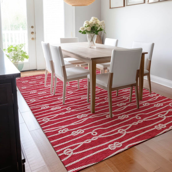HomeRoots 5' X 8' Red and Ivory Nautical Area Rug - Durable, Washable, UV Protected for Coastal Living Spaces 645405