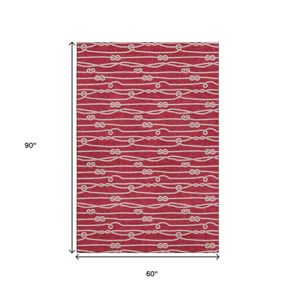HomeRoots 5' X 8' Red and Ivory Nautical Area Rug - Durable, Washable, UV Protected for Coastal Living Spaces 645405