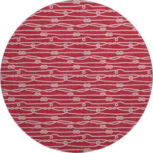 HomeRoots 8' Red And Ivory Nautical Washable Round Rug – UV Protected, Durable, Easy-Care for Coastal Charm 645406