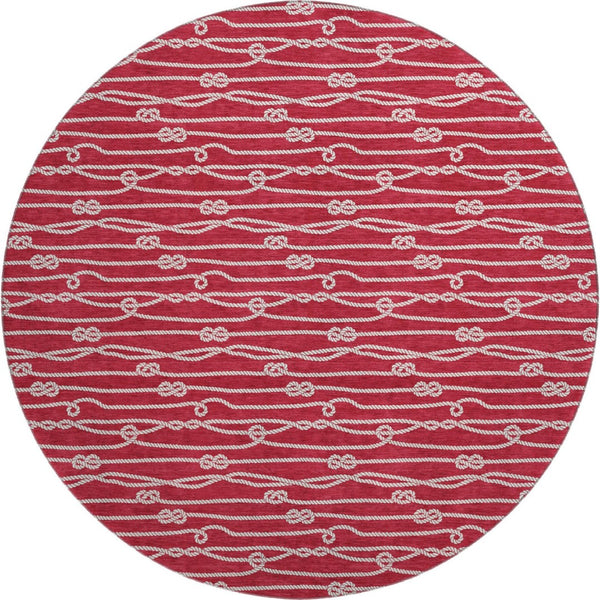 HomeRoots 8' Red And Ivory Nautical Washable Round Rug – UV Protected, Durable, Easy-Care for Coastal Charm 645406
