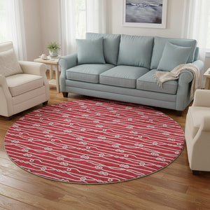 HomeRoots 8' Red And Ivory Nautical Washable Round Rug – UV Protected, Durable, Easy-Care for Coastal Charm 645406