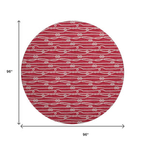 HomeRoots 8' Red And Ivory Nautical Washable Round Rug – UV Protected, Durable, Easy-Care for Coastal Charm 645406