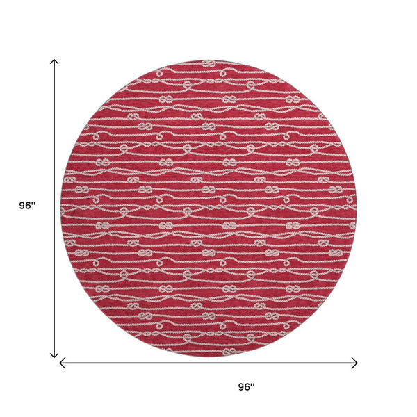 HomeRoots 8' Red And Ivory Nautical Washable Round Rug – UV Protected, Durable, Easy-Care for Coastal Charm 645406