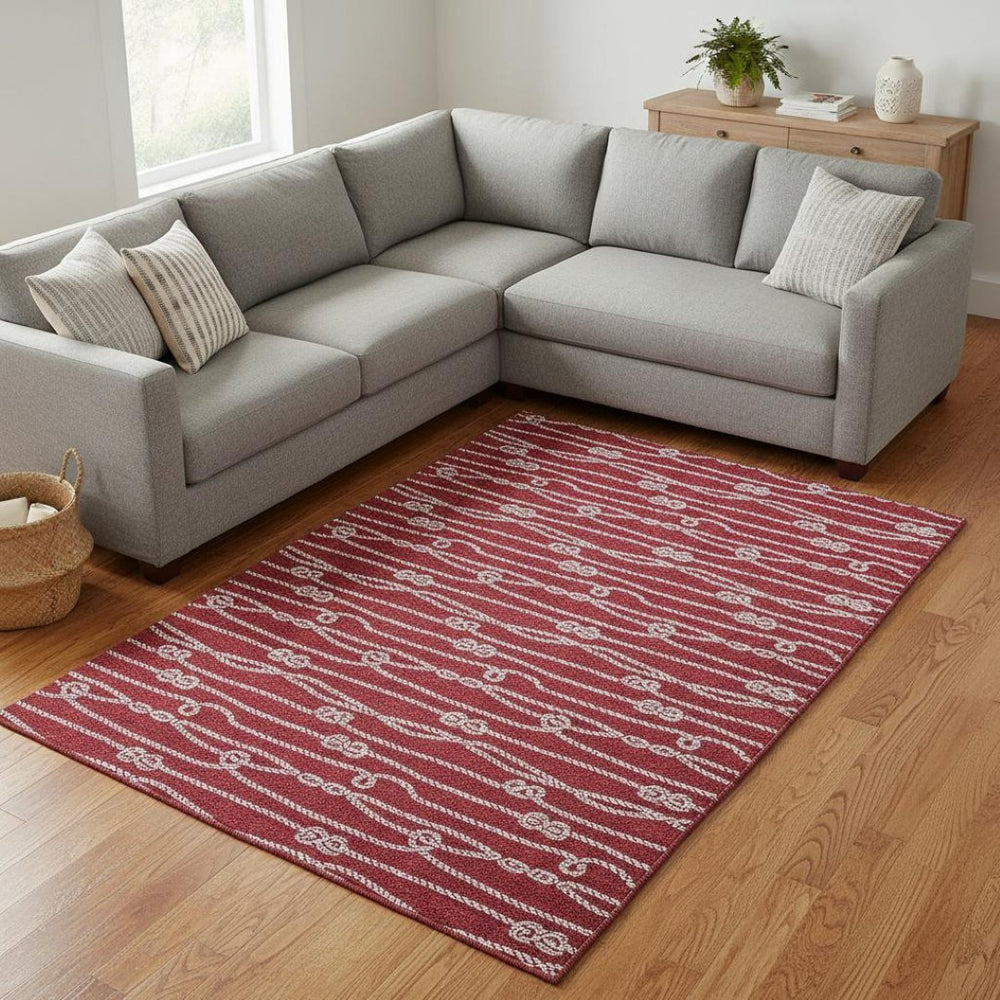 HomeRoots 8' X 10' Nautical Red & Ivory Area Rug - Washable, Stain-Resistant, UV Protection for Coastal Charm 645407