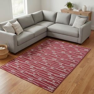 HomeRoots 8' X 10' Nautical Red & Ivory Area Rug - Washable, Stain-Resistant, UV Protection for Coastal Charm 645407