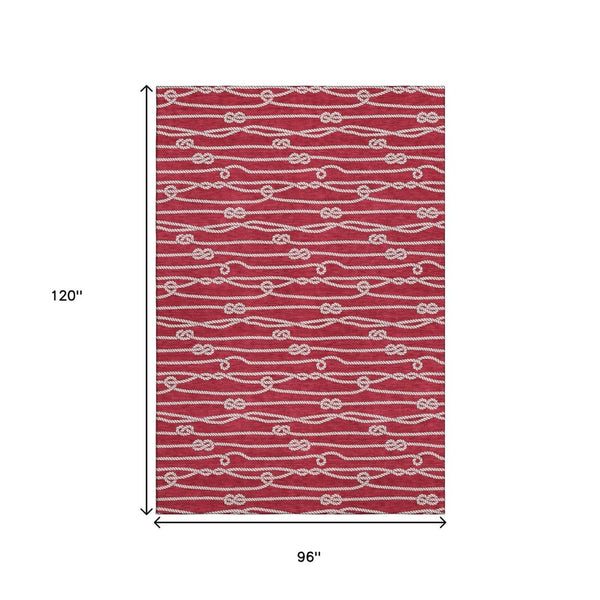 HomeRoots 8' X 10' Nautical Red & Ivory Area Rug - Washable, Stain-Resistant, UV Protection for Coastal Charm 645407