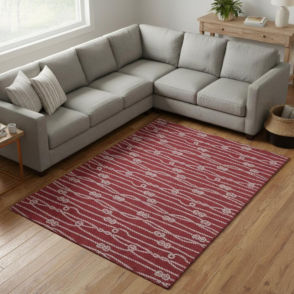 HomeRoots 9' X 12' Nautical Red and Ivory Washable Area Rug with UV Protection for Coastal-Inspired Décor 645408