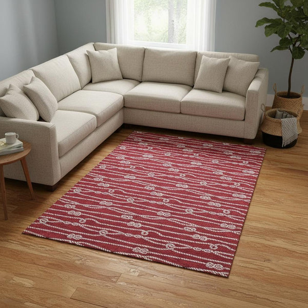 HomeRoots 10' Coastal Red & Ivory Nautical Washable Area Rug - Durable, UV-Protected for Family Rooms & Porches 645409