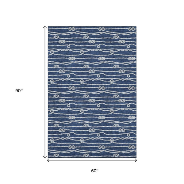 HomeRoots 5' X 8' Navy Blue & Ivory Nautical Area Rug - Washable, UV-Protected, Stain-Resistant & Soft! 645411