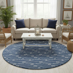HomeRoots 8' Navy Blue and Ivory Nautical Round Rug - Washable, Stain-Resistant, UV-Protected for Coastal Charm 645412
