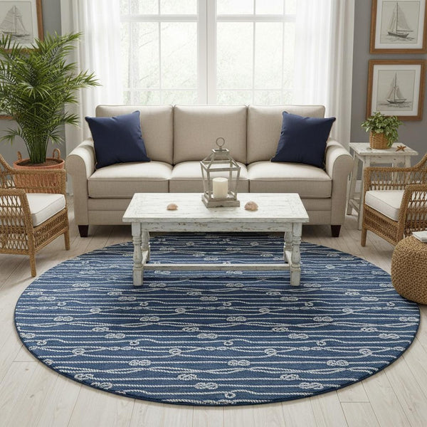HomeRoots 8' Navy Blue and Ivory Nautical Round Rug - Washable, Stain-Resistant, UV-Protected for Coastal Charm 645412