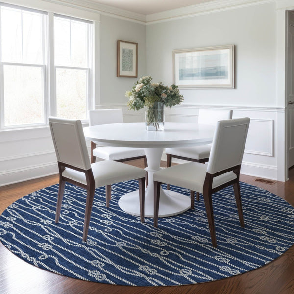 HomeRoots 8' Navy Blue and Ivory Nautical Round Rug - Washable, Stain-Resistant, UV-Protected for Coastal Charm 645412