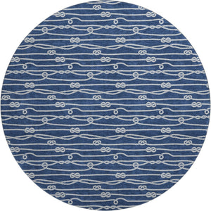HomeRoots 8' Navy Blue and Ivory Nautical Round Rug - Washable, Stain-Resistant, UV-Protected for Coastal Charm 645412