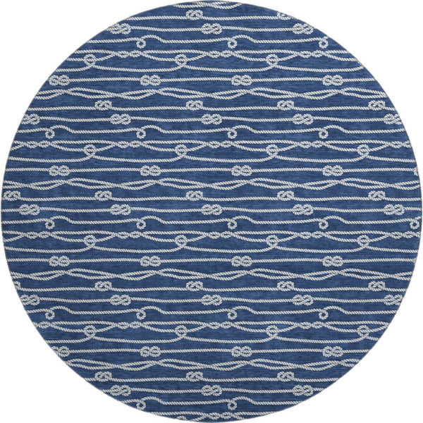 HomeRoots 8' Navy Blue and Ivory Nautical Round Rug - Washable, Stain-Resistant, UV-Protected for Coastal Charm 645412