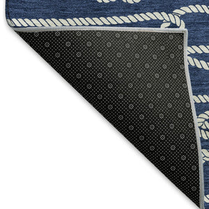 HomeRoots 8' Navy Blue and Ivory Nautical Round Rug - Washable, Stain-Resistant, UV-Protected for Coastal Charm 645412