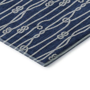 HomeRoots 8' Navy Blue and Ivory Nautical Round Rug - Washable, Stain-Resistant, UV-Protected for Coastal Charm 645412