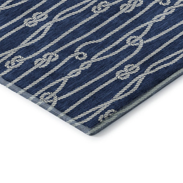 HomeRoots 8' Navy Blue and Ivory Nautical Round Rug - Washable, Stain-Resistant, UV-Protected for Coastal Charm 645412