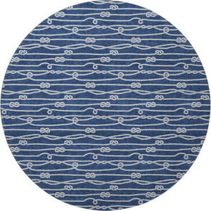 HomeRoots 8' Navy Blue and Ivory Nautical Round Rug - Washable, Stain-Resistant, UV-Protected for Coastal Charm 645412