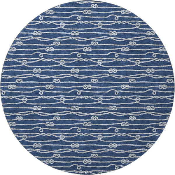 HomeRoots 8' Navy Blue and Ivory Nautical Round Rug - Washable, Stain-Resistant, UV-Protected for Coastal Charm 645412