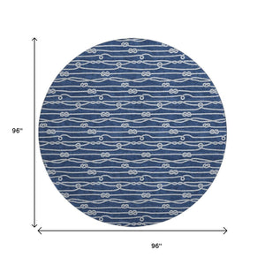 HomeRoots 8' Navy Blue and Ivory Nautical Round Rug - Washable, Stain-Resistant, UV-Protected for Coastal Charm 645412