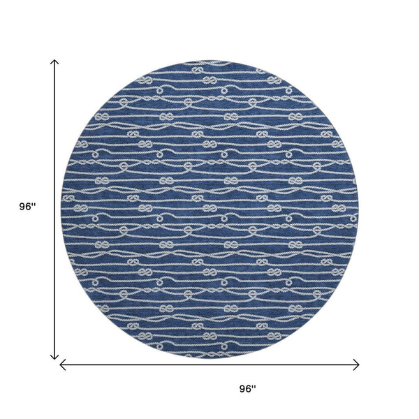 HomeRoots 8' Navy Blue and Ivory Nautical Round Rug - Washable, Stain-Resistant, UV-Protected for Coastal Charm 645412