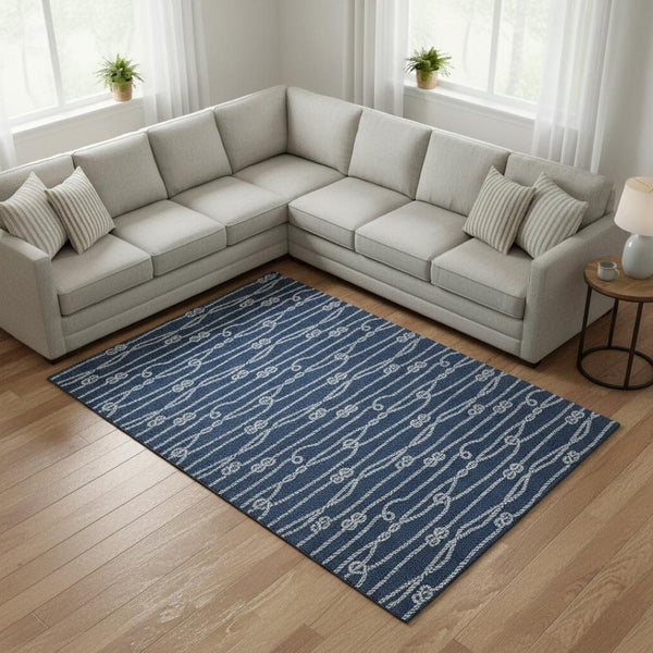 HomeRoots 8' X 10' Navy Blue Nautical Area Rug - Washable, UV Protected, Durable Design for Coastal Charm 645413