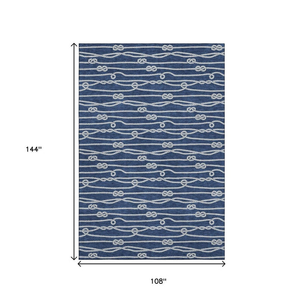 HomeRoots 9' X 12' Navy Blue and Ivory Nautical Area Rug - Durable, Washable, UV-Protected for Coastal Charm 645414