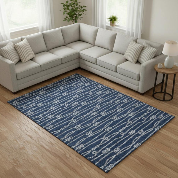 HomeRoots 9' X 12' Navy Blue and Ivory Nautical Area Rug - Durable, Washable, UV-Protected for Coastal Charm 645414