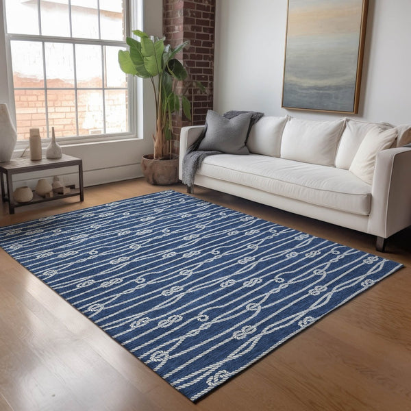 HomeRoots 9' X 12' Navy Blue and Ivory Nautical Area Rug - Durable, Washable, UV-Protected for Coastal Charm 645414