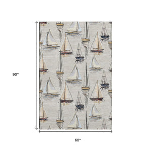 HomeRoots 5' X 8' Nautical Area Rug in Ivory, Gold & Black - Machine Washable, Stain Resistant, UV Protected 645417