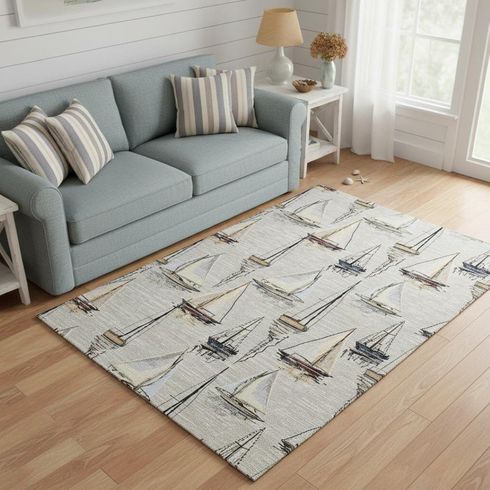 HomeRoots 5' X 8' Nautical Area Rug in Ivory, Gold & Black - Machine Washable, Stain Resistant, UV Protected 645417