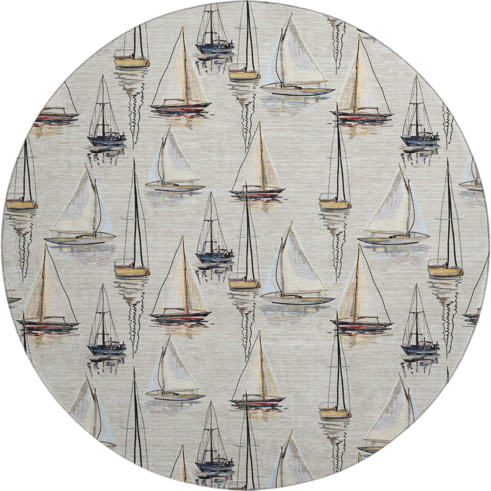 HomeRoots 8' Nautical Washable Round Rug in Ivory, Gold & Black - UV Resistant, Stain-Resistant, Durable Design 645418