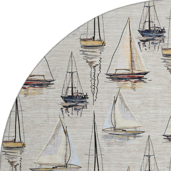 HomeRoots 8' Nautical Washable Round Rug in Ivory, Gold & Black - UV Resistant, Stain-Resistant, Durable Design 645418