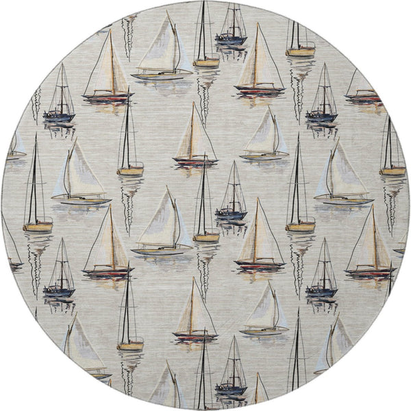 HomeRoots 8' Nautical Washable Round Rug in Ivory, Gold & Black - UV Resistant, Stain-Resistant, Durable Design 645418