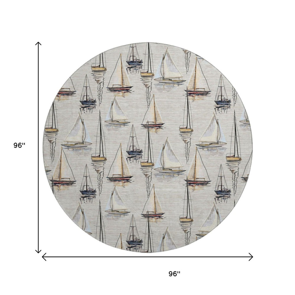 HomeRoots 8' Nautical Washable Round Rug in Ivory, Gold & Black - UV Resistant, Stain-Resistant, Durable Design 645418