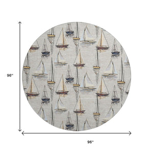 HomeRoots 8' Nautical Washable Round Rug in Ivory, Gold & Black - UV Resistant, Stain-Resistant, Durable Design 645418