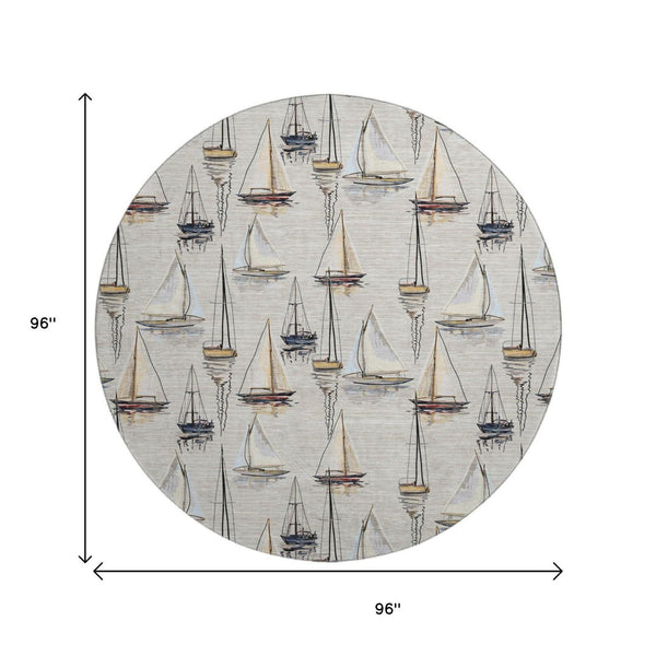 HomeRoots 8' Nautical Washable Round Rug in Ivory, Gold & Black - UV Resistant, Stain-Resistant, Durable Design 645418