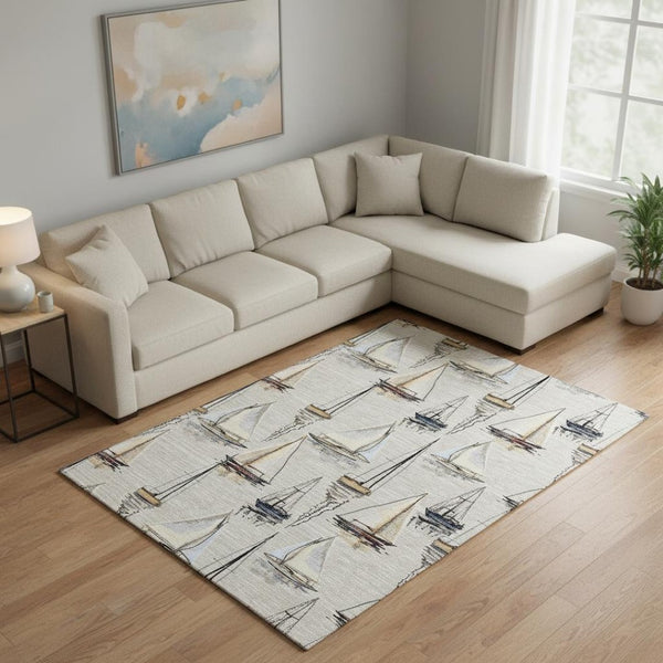 HomeRoots 8' X 10' Nautical Area Rug in Ivory, Gold & Black – Washable, UV-Protected, Stain-Resistant Design! 645419