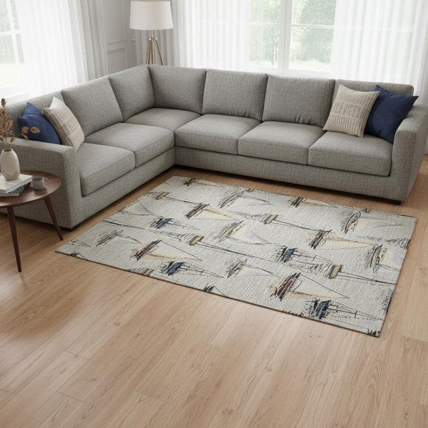 HomeRoots 9' X 12' Nautical Area Rug in Ivory, Gold & Black - Washable, Stain Resistant, UV Protected Design 645420