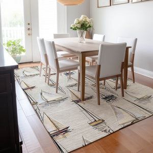 HomeRoots 9' X 12' Nautical Area Rug in Ivory, Gold & Black - Washable, Stain Resistant, UV Protected Design 645420