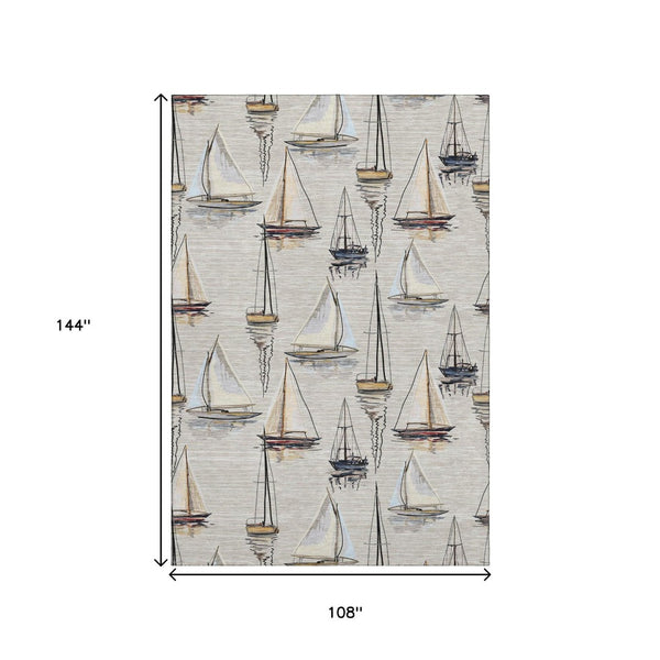 HomeRoots 9' X 12' Nautical Area Rug in Ivory, Gold & Black - Washable, Stain Resistant, UV Protected Design 645420