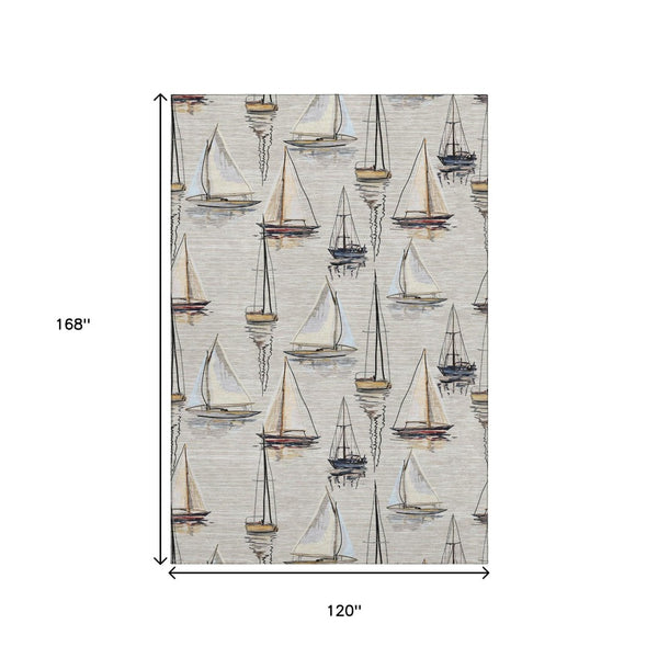HomeRoots 10' Coastal Area Rug in Ivory, Gold & Black - Durable, Washable, UV-Protected for Active Homes 645421