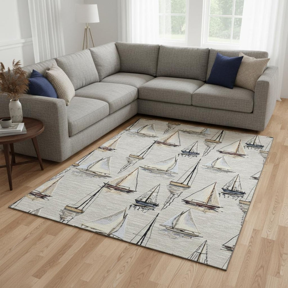 HomeRoots 10' Coastal Area Rug in Ivory, Gold & Black - Durable, Washable, UV-Protected for Active Homes 645421