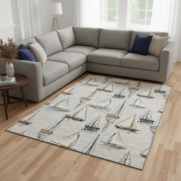 HomeRoots 10' Coastal Area Rug in Ivory, Gold & Black - Durable, Washable, UV-Protected for Active Homes 645421