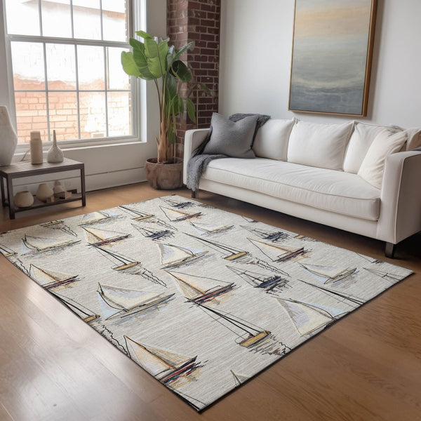 HomeRoots 10' Coastal Area Rug in Ivory, Gold & Black - Durable, Washable, UV-Protected for Active Homes 645421